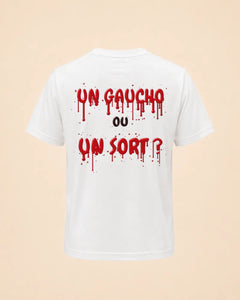 T-shirt Halloween Un gaucho ou un sort Hustle Wear blanc, encre rouge sang, vue de dos, coloris blanc