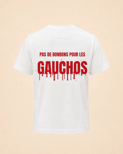 T-shirt Halloween Pas de bonbons pour les gauchos Hustle Wear blanc, encre rouge sang, vue de dos, coloris blanc