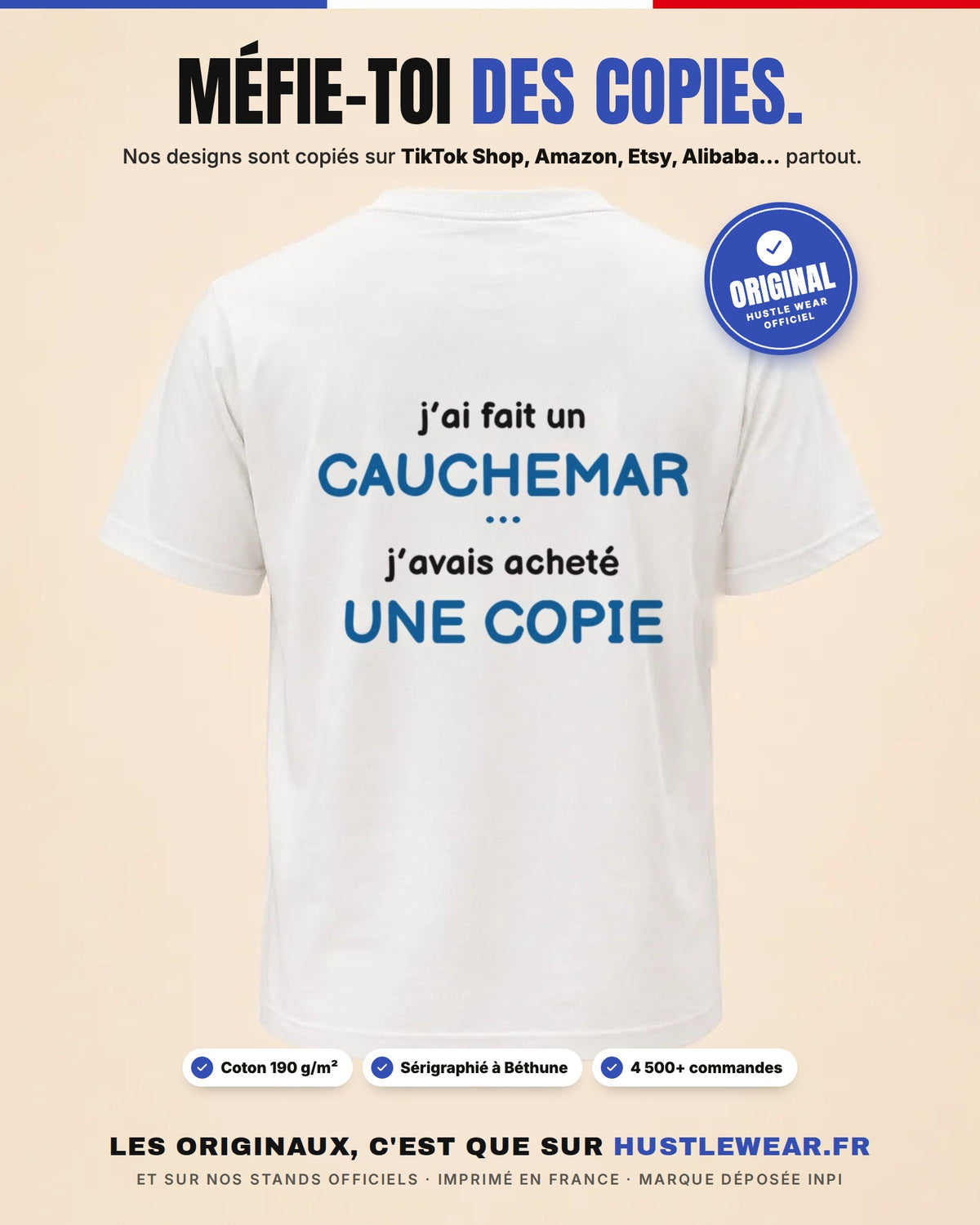 Méfie-toi des copies : les originaux Hustle Wear sont vendus uniquement sur hustlewear.fr, sérigraphiés à Béthune, marque déposée INPI