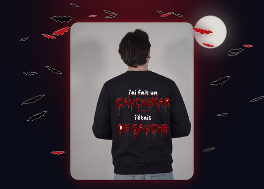 Tenue Halloween homme : pull Cauchemar édition sang porté de dos, nuit et chauves-souris
