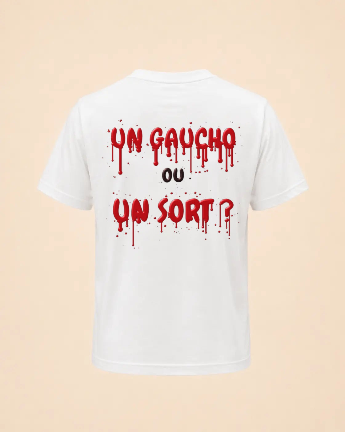 T-shirt Halloween Un gaucho ou un sort Hustle Wear blanc, encre rouge sang, vue de dos, coloris blanc