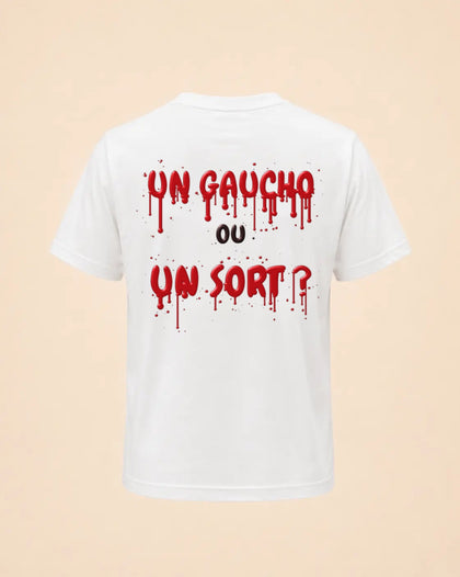 T-shirt Halloween Un gaucho ou un sort Hustle Wear blanc, encre rouge sang, vue de dos, coloris blanc