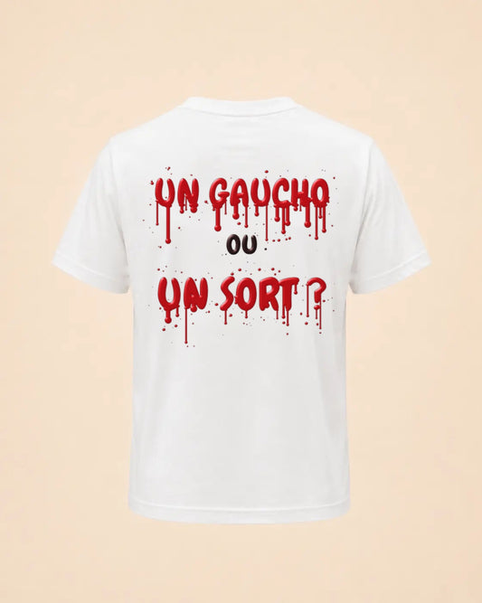 T-shirt Halloween Un gaucho ou un sort Hustle Wear blanc, encre rouge sang, vue de dos, coloris blanc