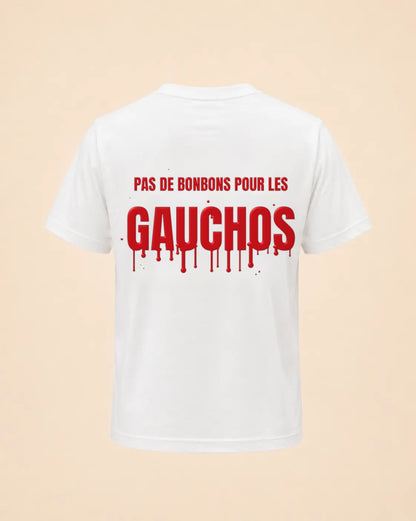 T-shirt Halloween Pas de bonbons pour les gauchos Hustle Wear blanc, encre rouge sang, vue de dos, coloris blanc
