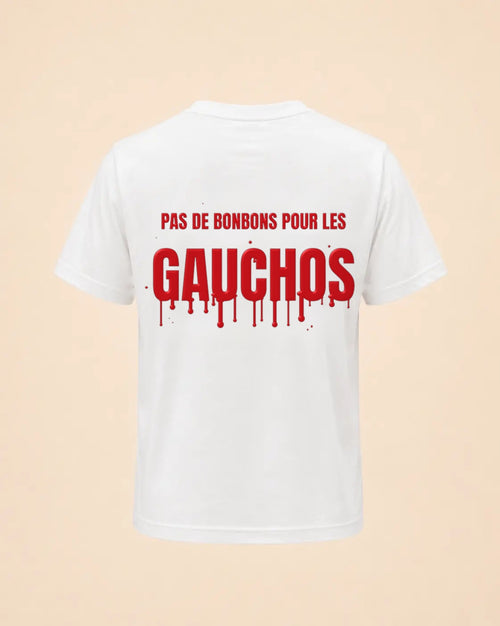 T-shirt Halloween Pas de bonbons pour les gauchos Hustle Wear blanc, encre rouge sang, vue de dos, coloris blanc