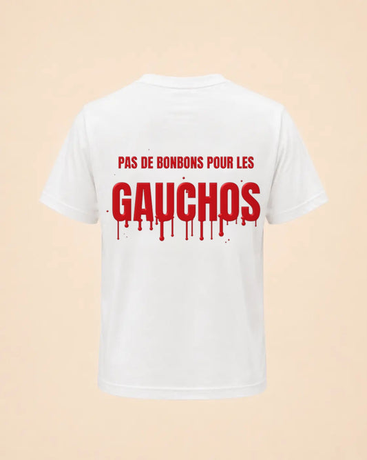 T-shirt Halloween Pas de bonbons pour les gauchos Hustle Wear blanc, encre rouge sang, vue de dos, coloris blanc