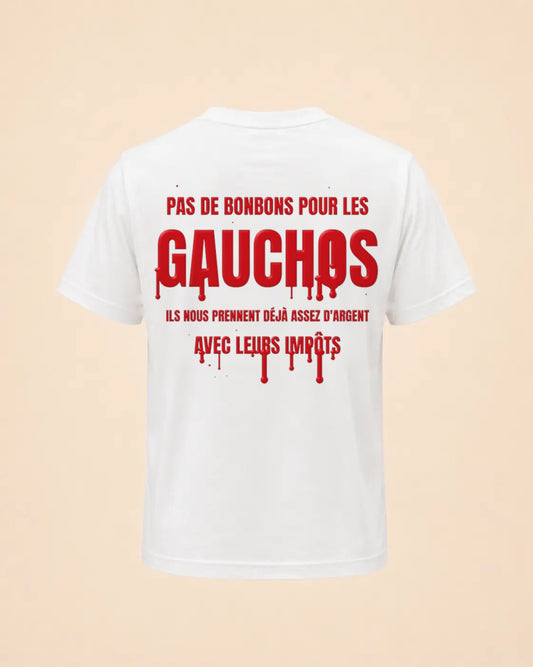 T-shirt Halloween Pas de bonbons pour les gauchos, ils nous prennent déjà assez d'argent avec leurs impôts, Hustle Wear blanc, encre rouge sang, vue de dos, coloris blanc