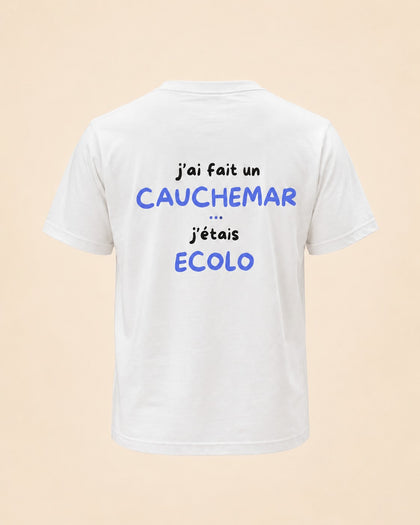 T-shirt J'ai fait un cauchemar j'étais écolo bleu Hustle Wear, vue de dos, design bleu marine