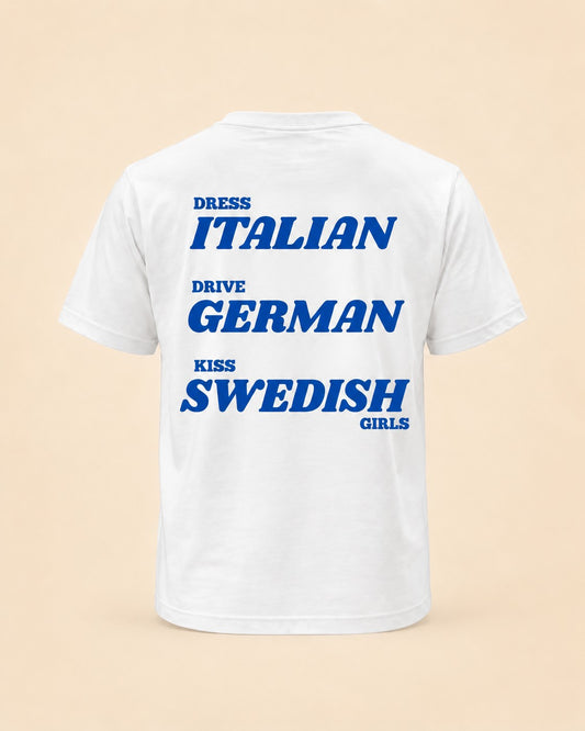 T-shirt Dress Italian Drive German Kiss Swedish Girls bleu Hustle Wear, vue de dos, design bleu