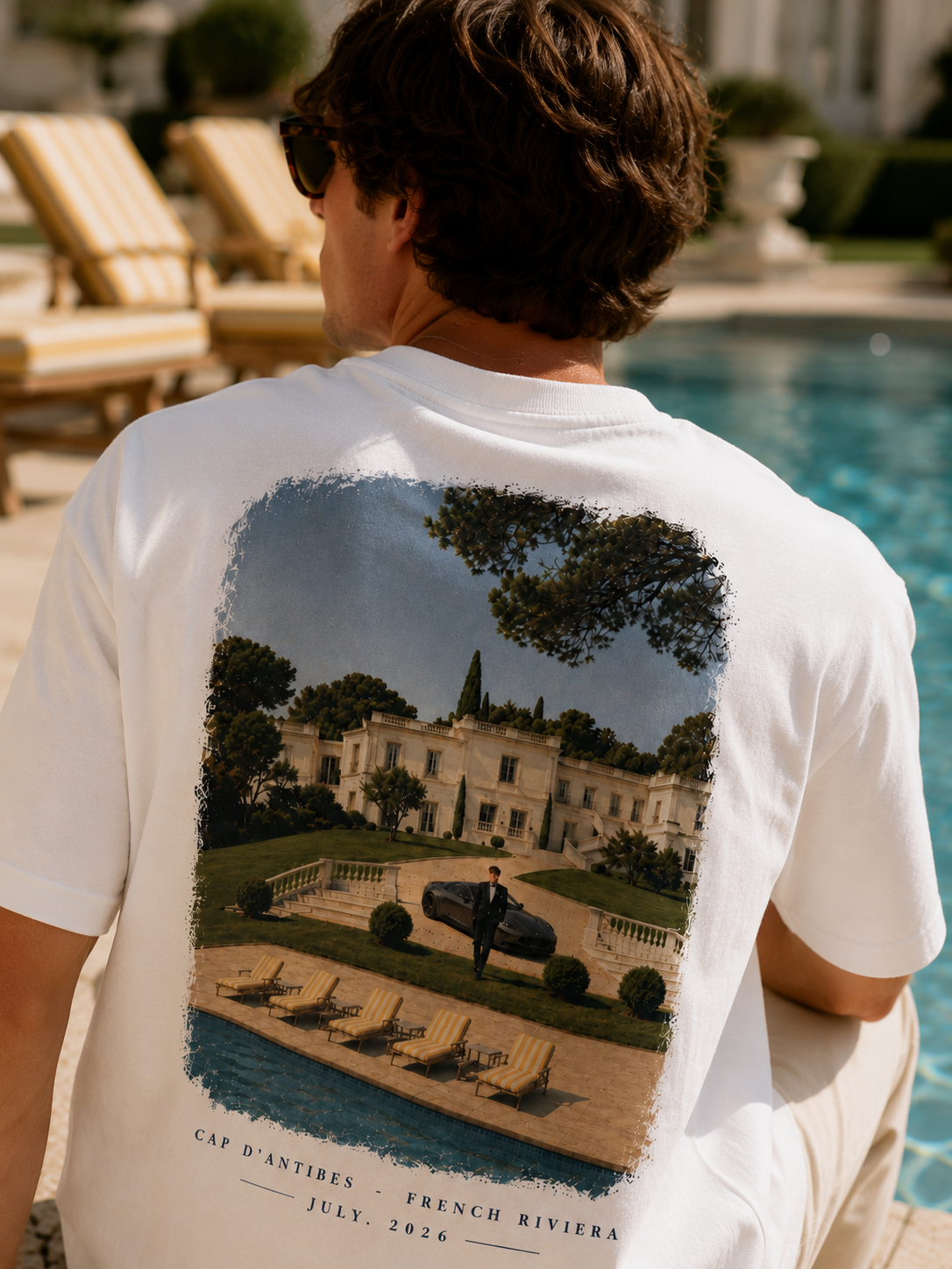 T-shirt Cap d'Antibes Hustle Wear porté de dos au bord d'une piscine de villa