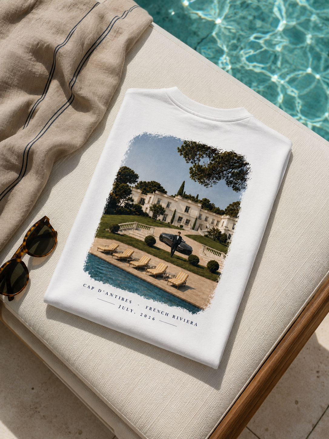 T-shirt Cap d'Antibes Hustle Wear à plat au bord d'une piscine avec serviette et lunettes