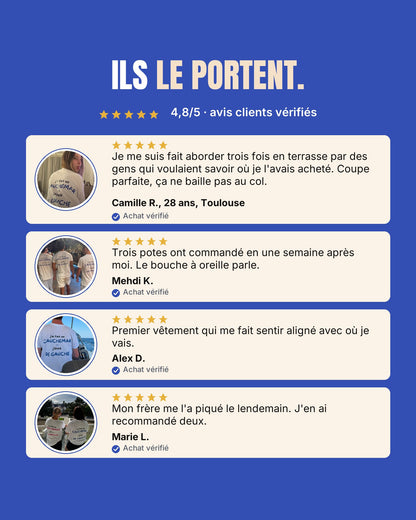 Avis clients Hustle Wear notés 4,8/5 : quatre clients en photo avec leur t-shirt J'ai fait un cauchemar, achats vérifiés