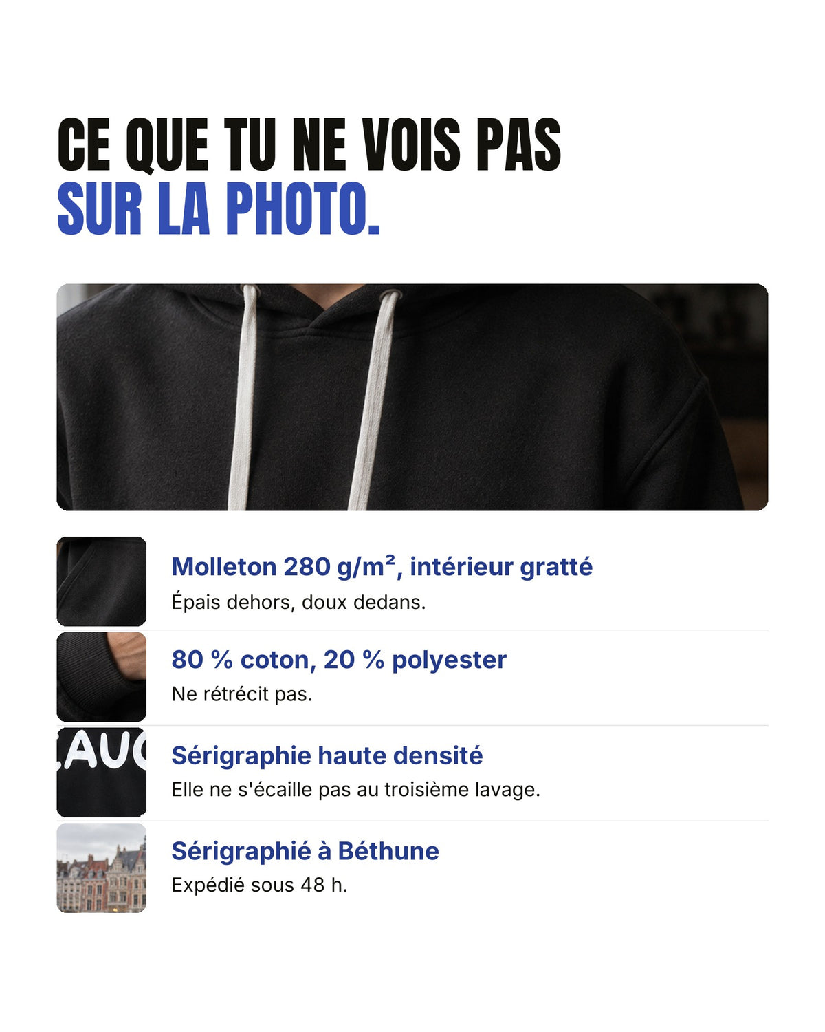 Détails du pull Hustle Wear : molleton 280 g/m² intérieur gratté, 80 % coton 20 % polyester, sérigraphie haute densité, sérigraphié à Béthune