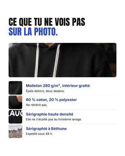 Détails du pull Hustle Wear : molleton 280 g/m² intérieur gratté, 80 % coton 20 % polyester, sérigraphie haute densité, sérigraphié à Béthune