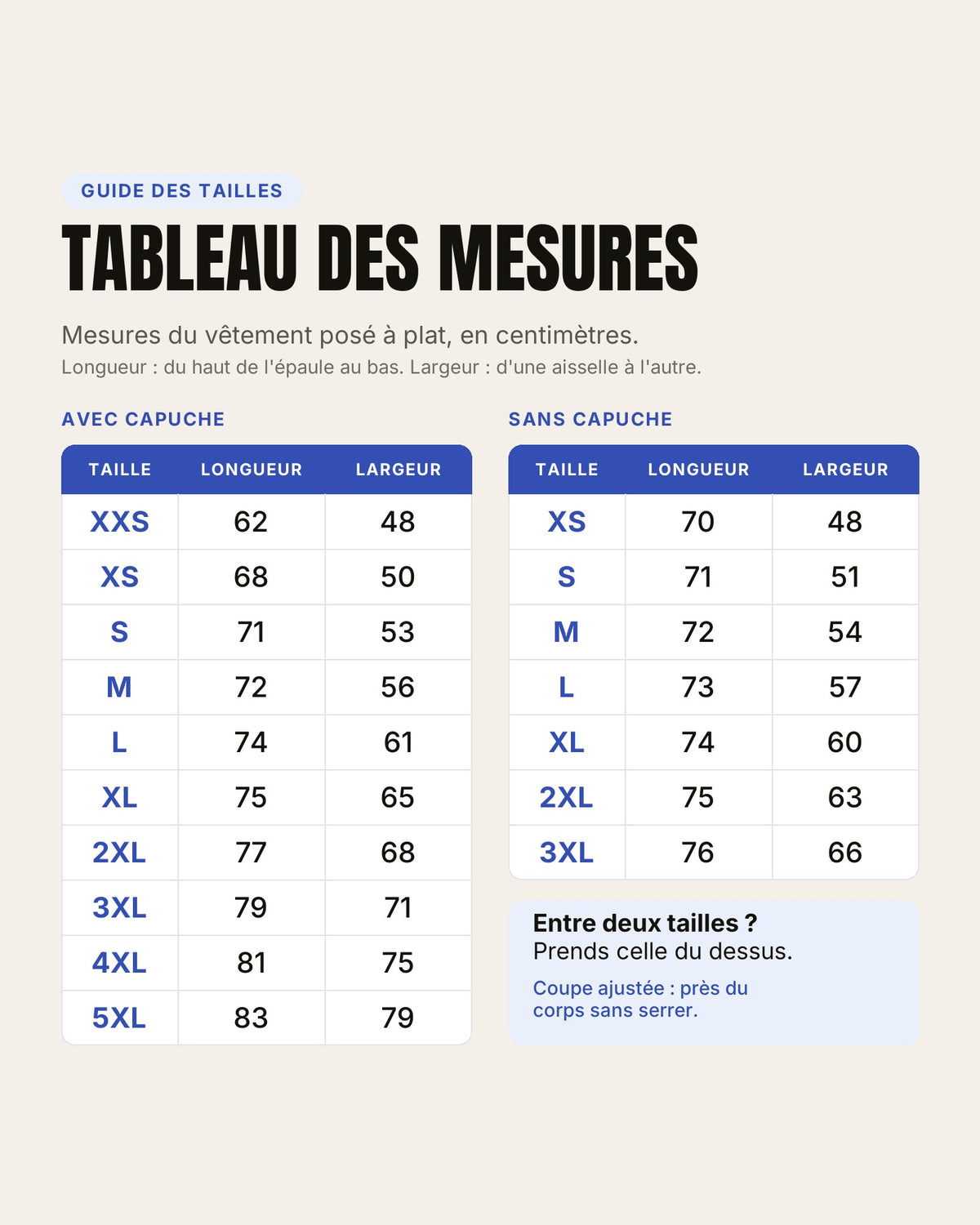 Guide des tailles des pulls Hustle Wear avec et sans capuche, mesures en centimètres