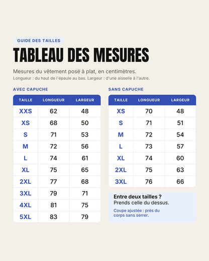 Guide des tailles des pulls Hustle Wear avec et sans capuche, mesures en centimètres