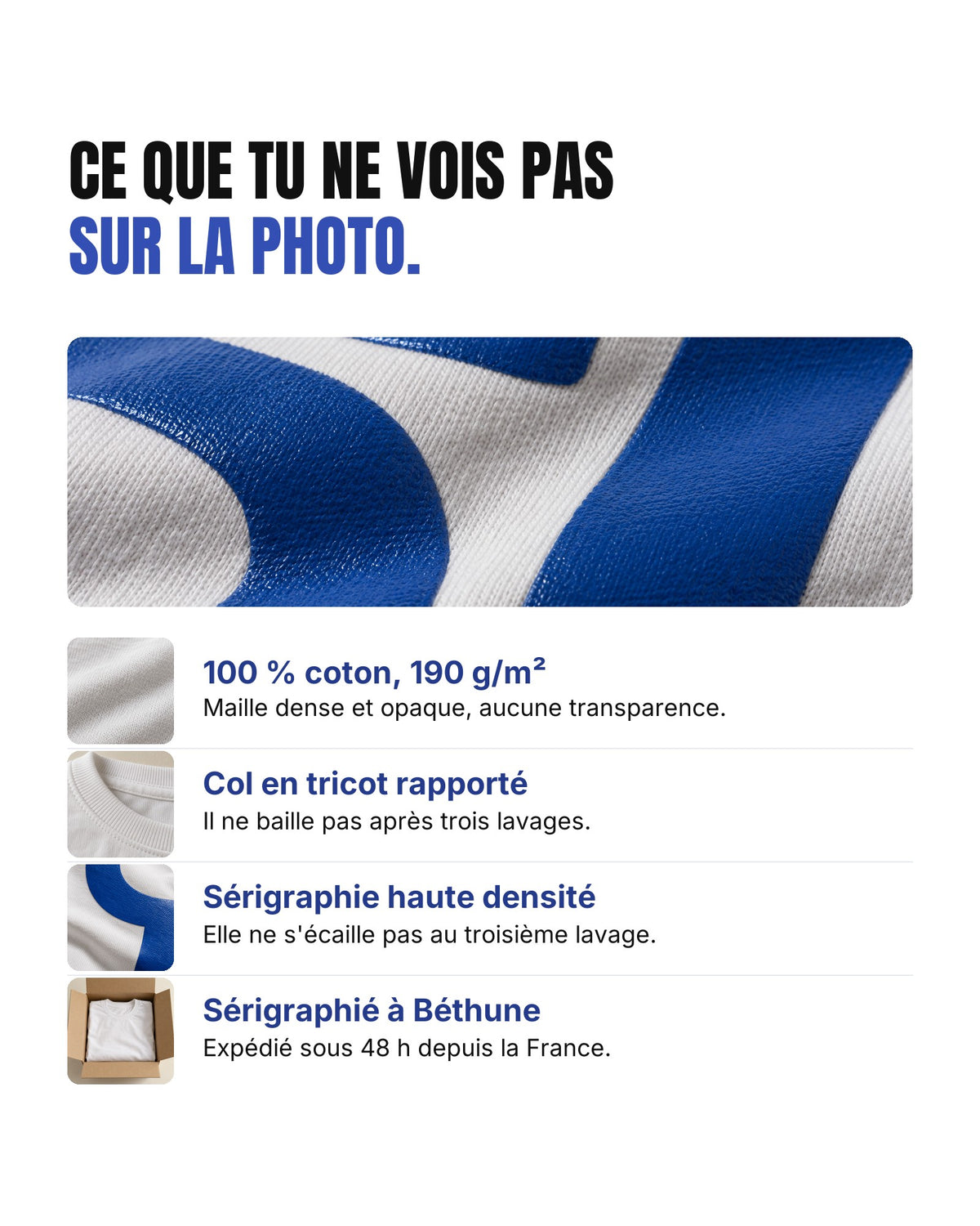 Détails du t-shirt Hustle Wear : 100 % coton 190 g/m², col en tricot rapporté, sérigraphie haute densité, sérigraphié à Béthune