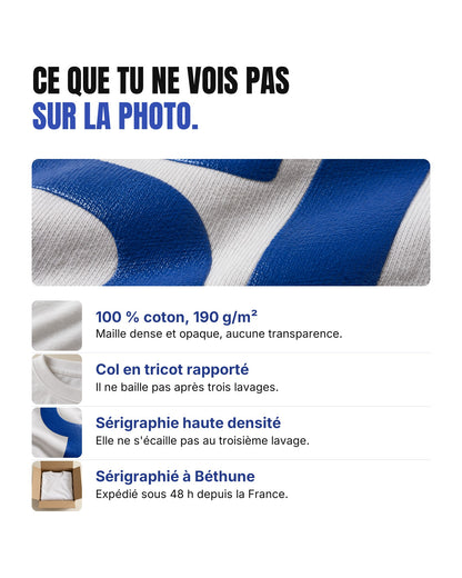 Détails du t-shirt Hustle Wear : 100 % coton 190 g/m², col en tricot rapporté, sérigraphie haute densité, sérigraphié à Béthune