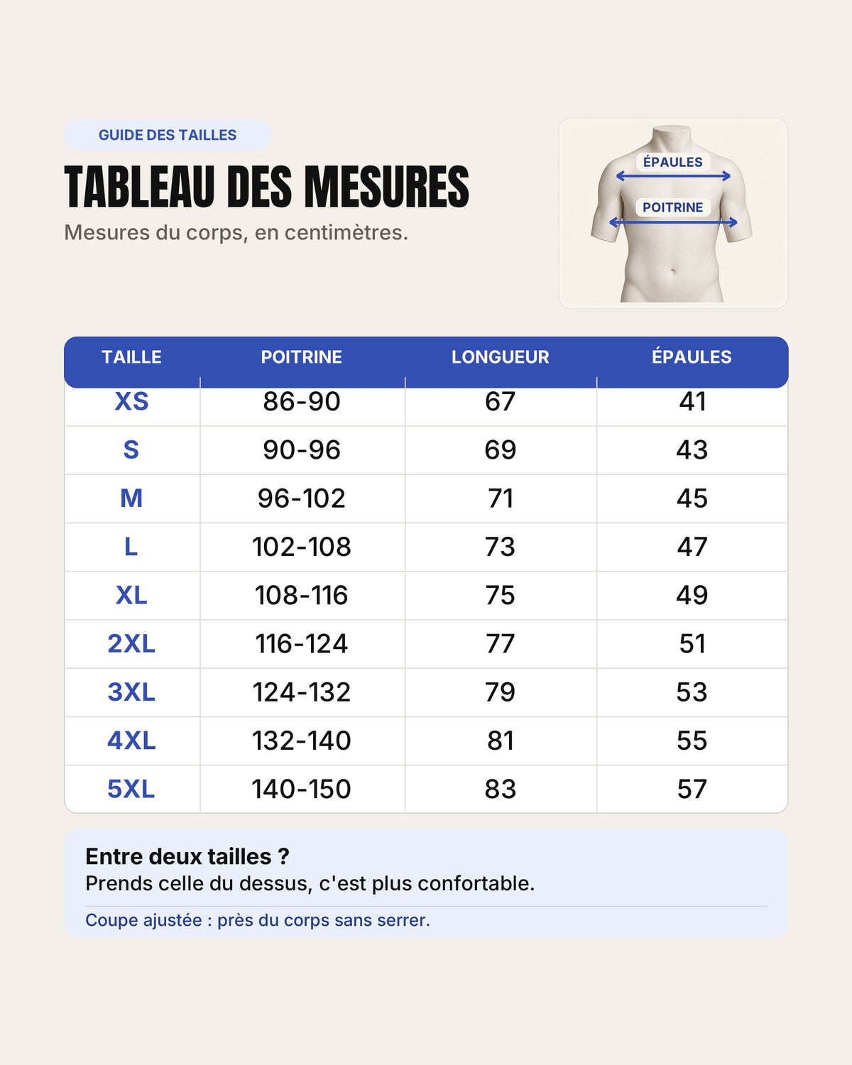 Guide des tailles Hustle Wear : tableau des mesures du corps en centimètres, du XS au 5XL (poitrine, longueur, épaules)
