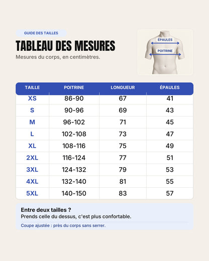 Guide des tailles Hustle Wear : tableau des mesures du corps en centimètres, du XS au 5XL (poitrine, longueur, épaules)