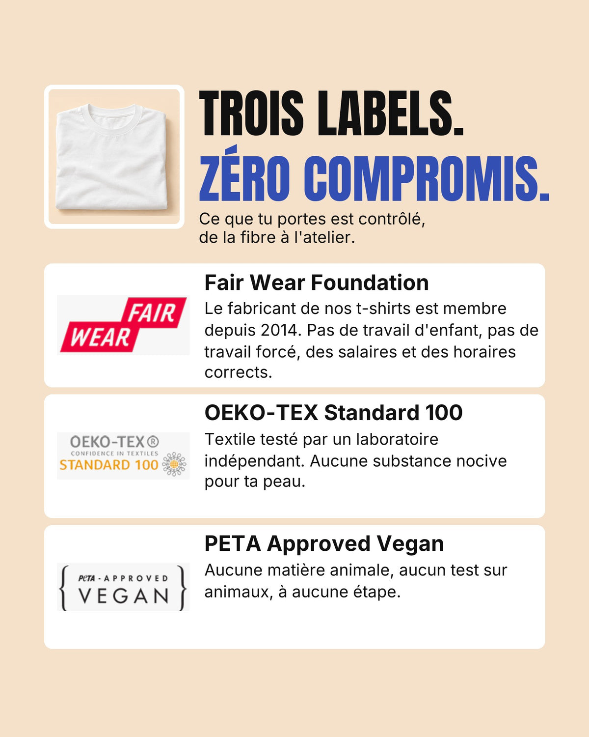 Labels du t-shirt Hustle Wear : Fair Wear Foundation, OEKO-TEX Standard 100 et PETA Approved Vegan