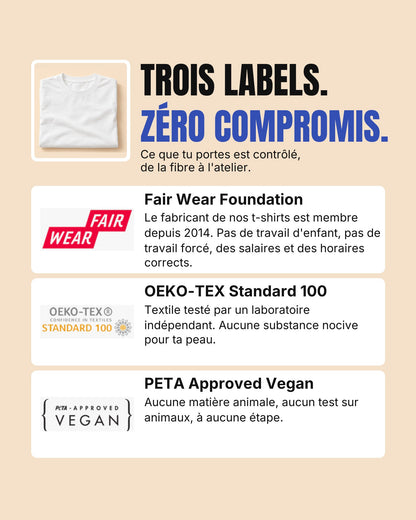 Labels du t-shirt Hustle Wear : Fair Wear Foundation, OEKO-TEX Standard 100 et PETA Approved Vegan