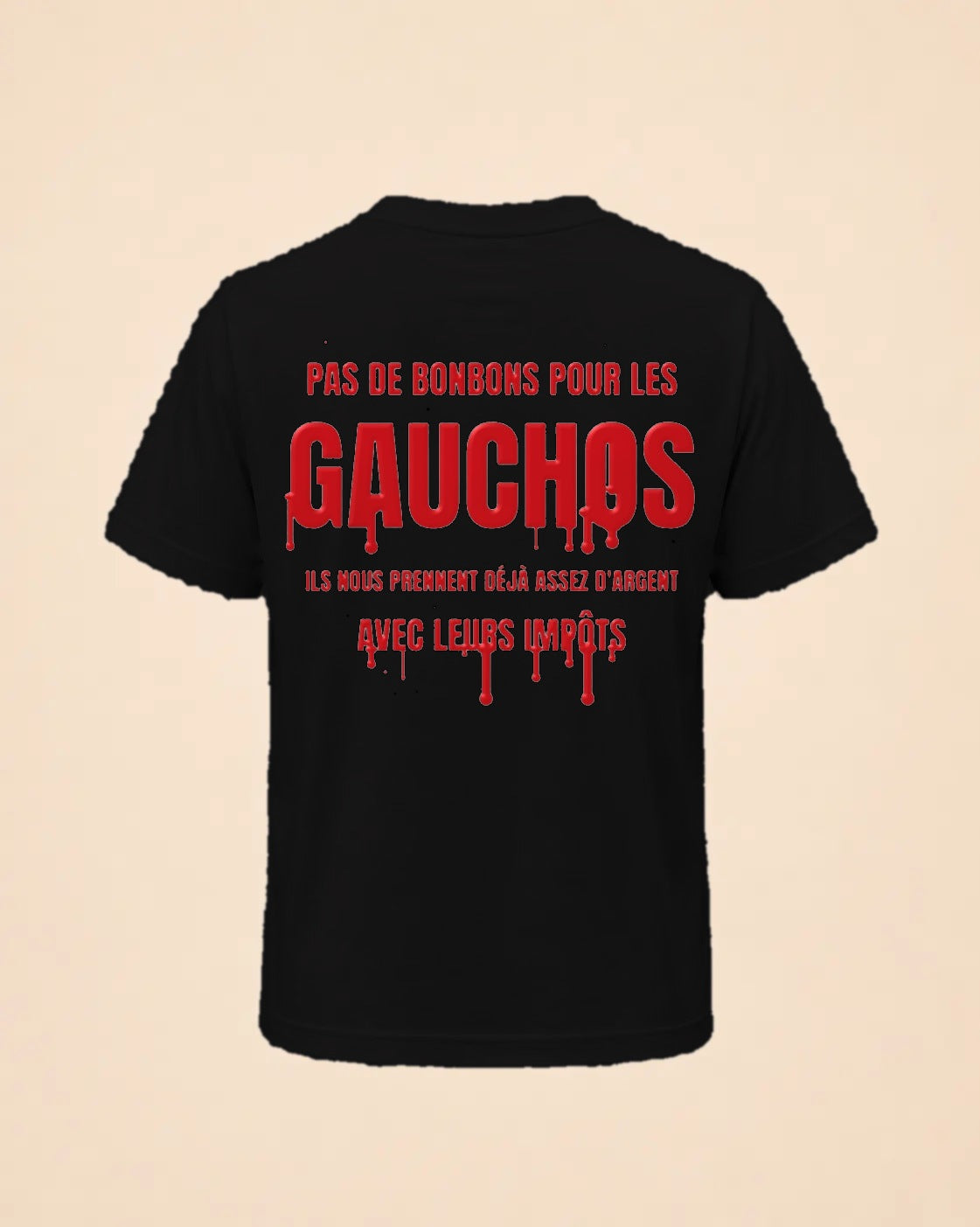 T-shirt noir Halloween Pas de bonbons pour les gauchos, version impôts, Hustle Wear, encre rouge sang, vue de dos, coloris noir