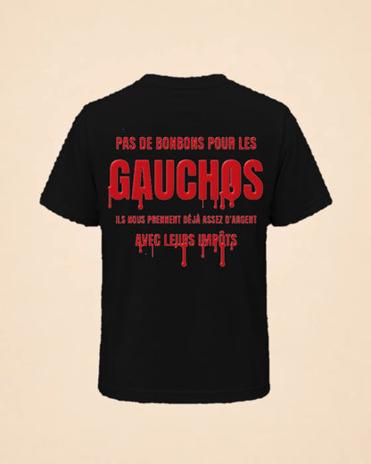 T-shirt noir Halloween Pas de bonbons pour les gauchos, version impôts, Hustle Wear, encre rouge sang, vue de dos, coloris noir