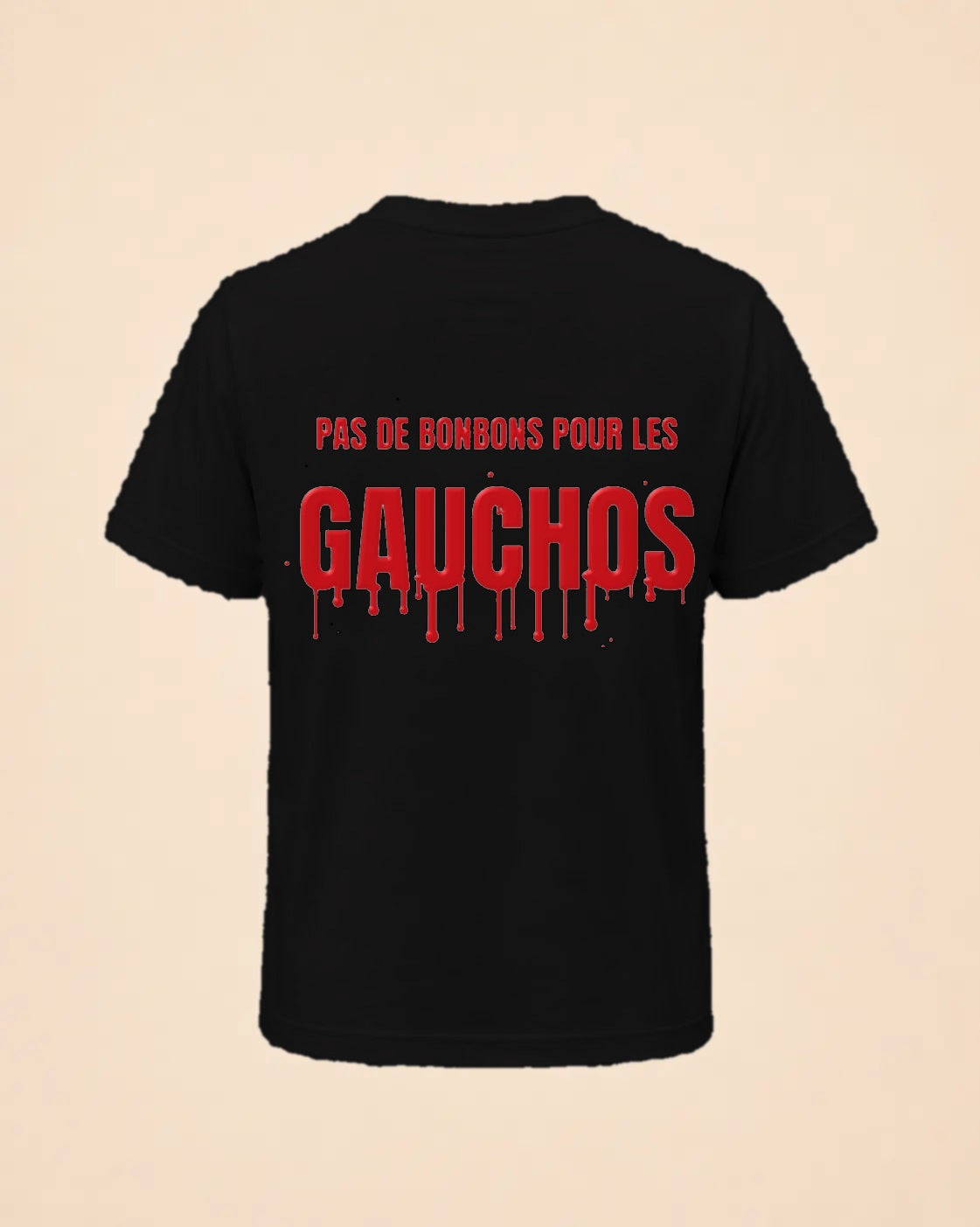 T-shirt noir Halloween Pas de bonbons pour les gauchos Hustle Wear, encre rouge sang, vue de dos, coloris noir