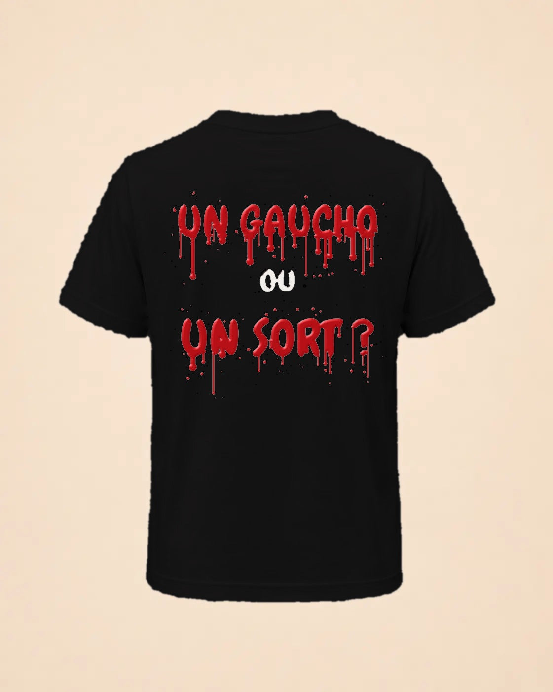 T-shirt noir Halloween Un gaucho ou un sort Hustle Wear, encre rouge sang, vue de dos, coloris noir