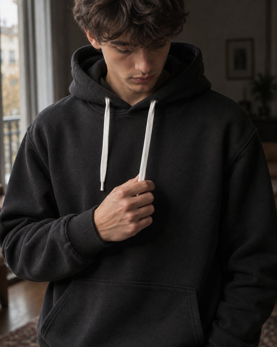 Détail du pull à capuche Hustle Wear : cordons, poignet côtelé et molleton épais 280 g/m², coloris noir