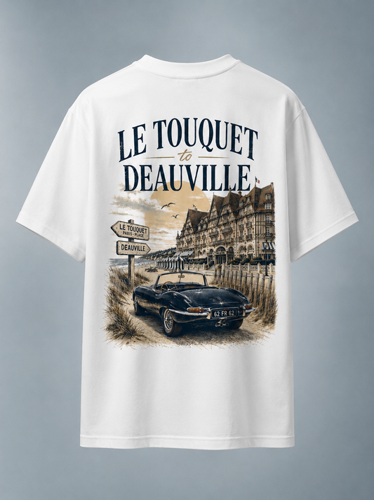 T-shirt Le Touquet to Deauville Hustle Wear, blanc oversize, imprimé côte normande au dos