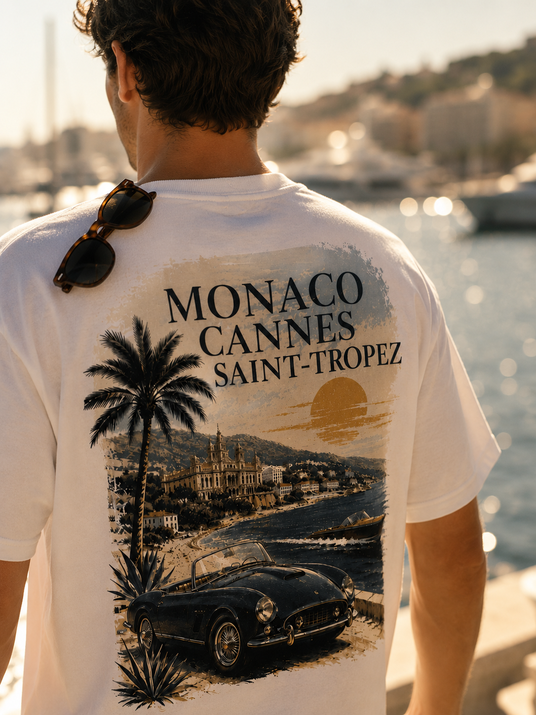 Homme portant le t-shirt Monaco Cannes St-Tropez Hustle Wear sur la Croisette, vue de dos