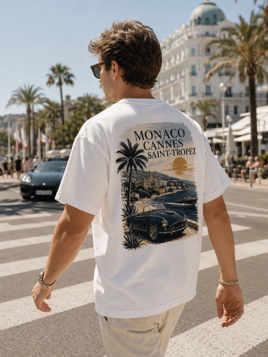 T-shirt Monaco Cannes St-Tropez Hustle Wear porté de dos, ambiance Côte d'Azur