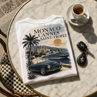 T-shirt Monaco Cannes St-Tropez Hustle Wear à plat sur marbre avec café et clés de voiture