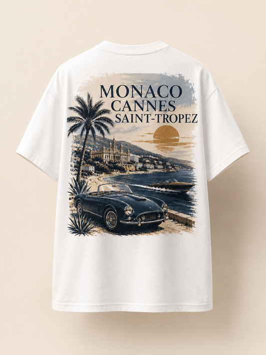 T-shirt Monaco Cannes St-Tropez Hustle Wear, blanc oversize, imprimé Riviera au dos