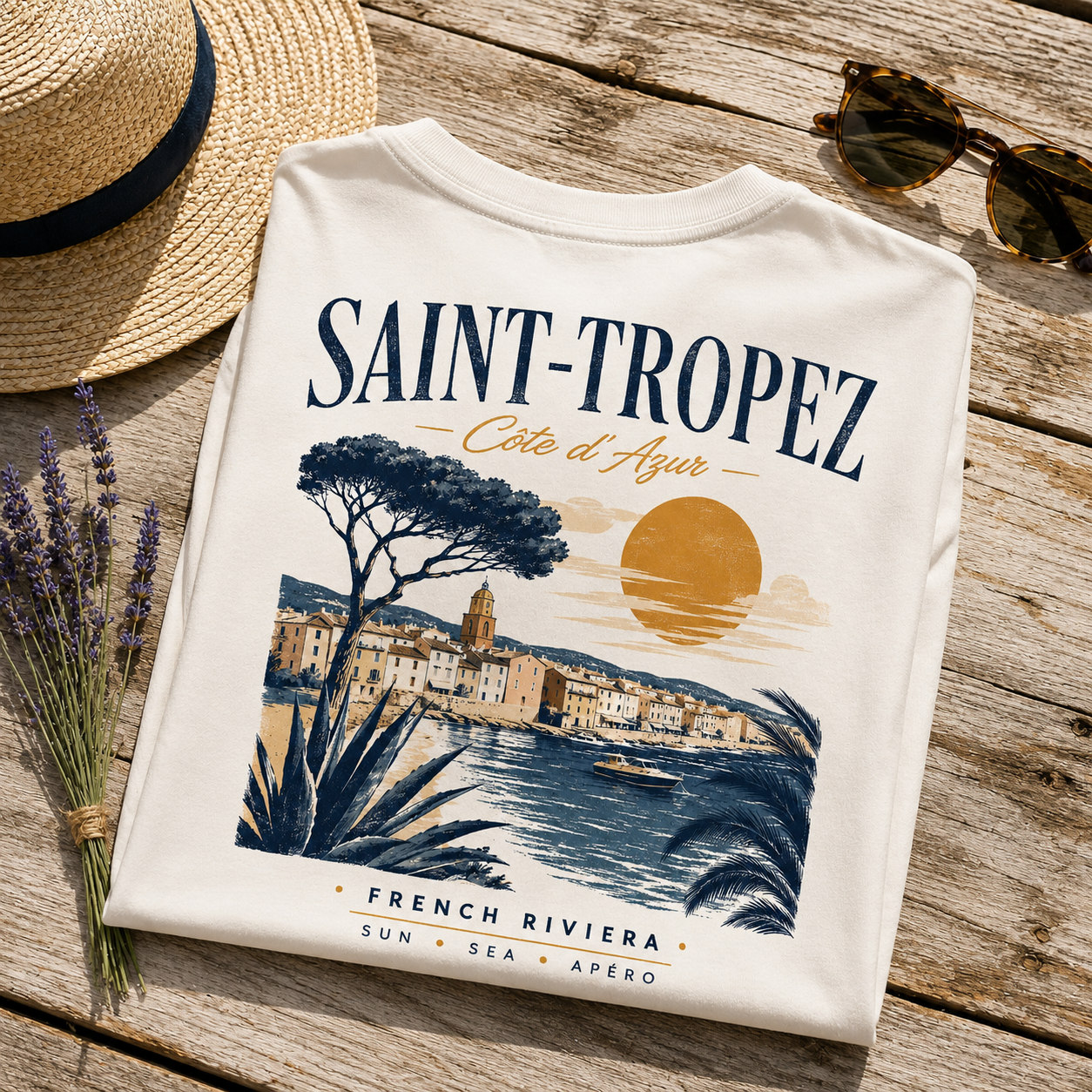 T-shirt St-Tropez to Côte d'Azur Hustle Wear à plat avec chapeau de paille et lavande