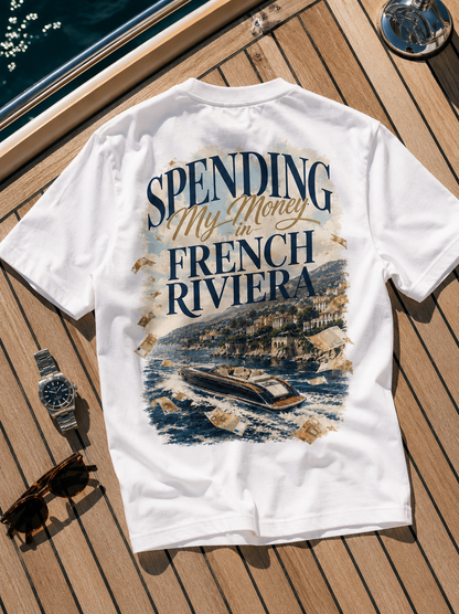 T-shirt Spending My Money in French Riviera Hustle Wear à plat sur un pont de yacht